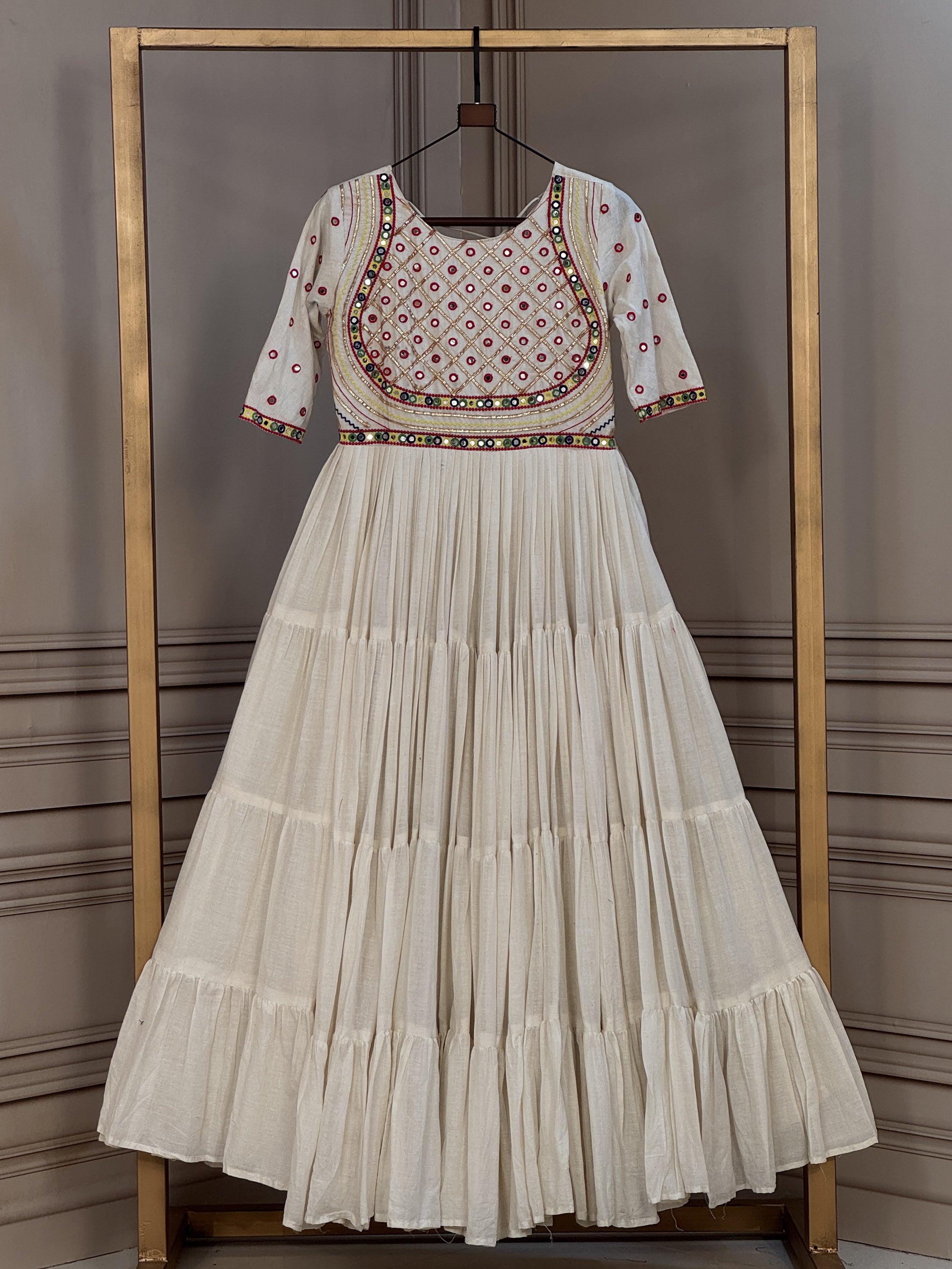 Terrific Off-White Multi Thread Work Cotton Navratri Wear Gown