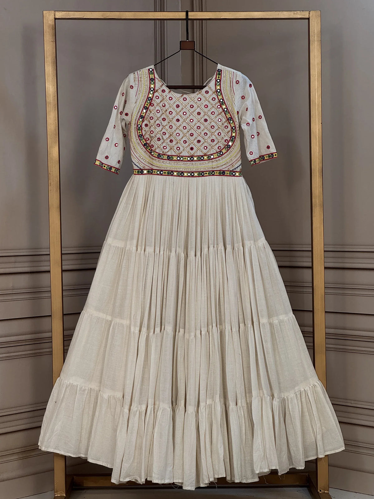 Terrific Off-White Multi Thread Work Cotton Navratri Wear Gown