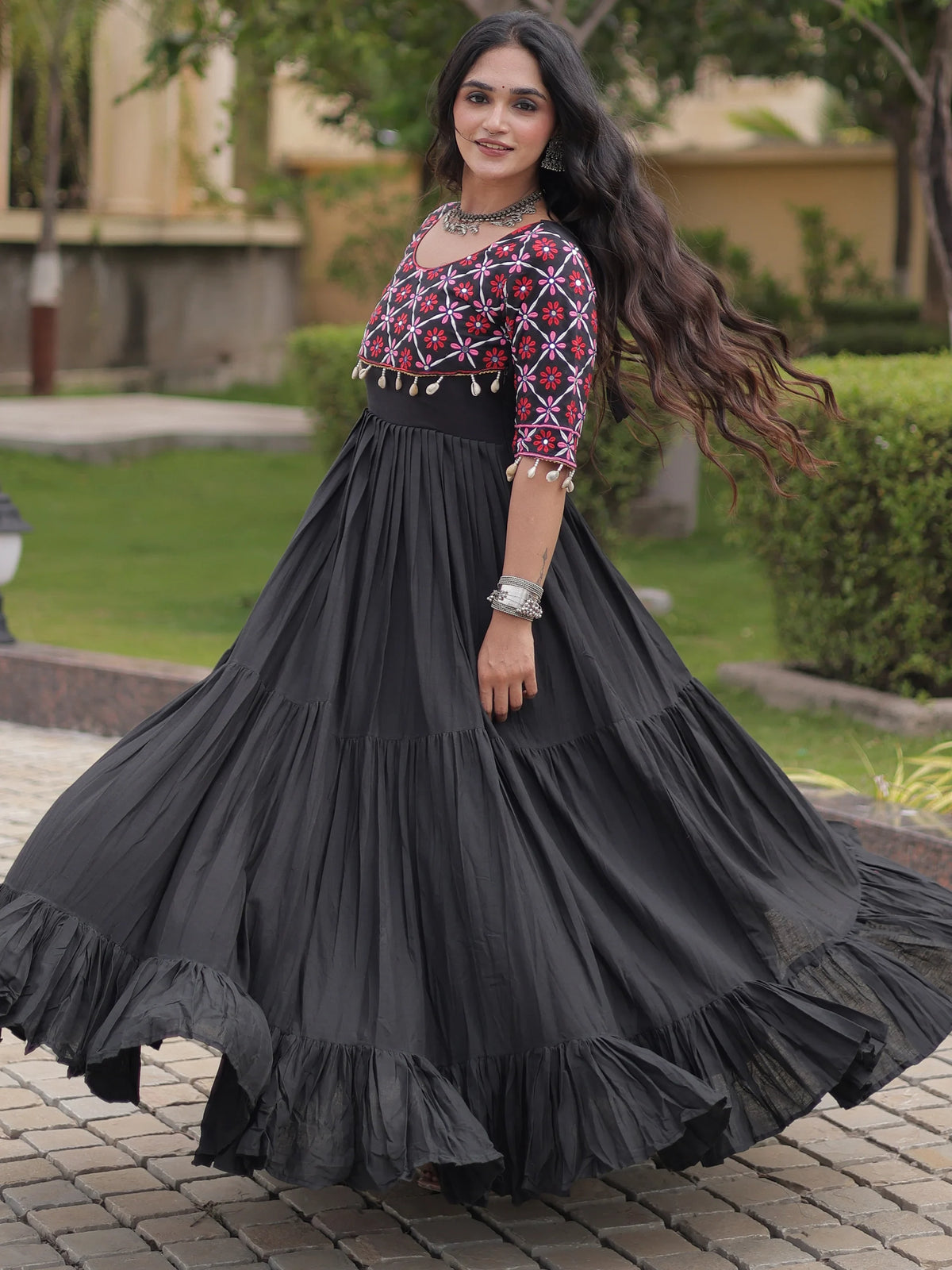 Enchanting Black Mirror Work Cotton Navratri Special Gown