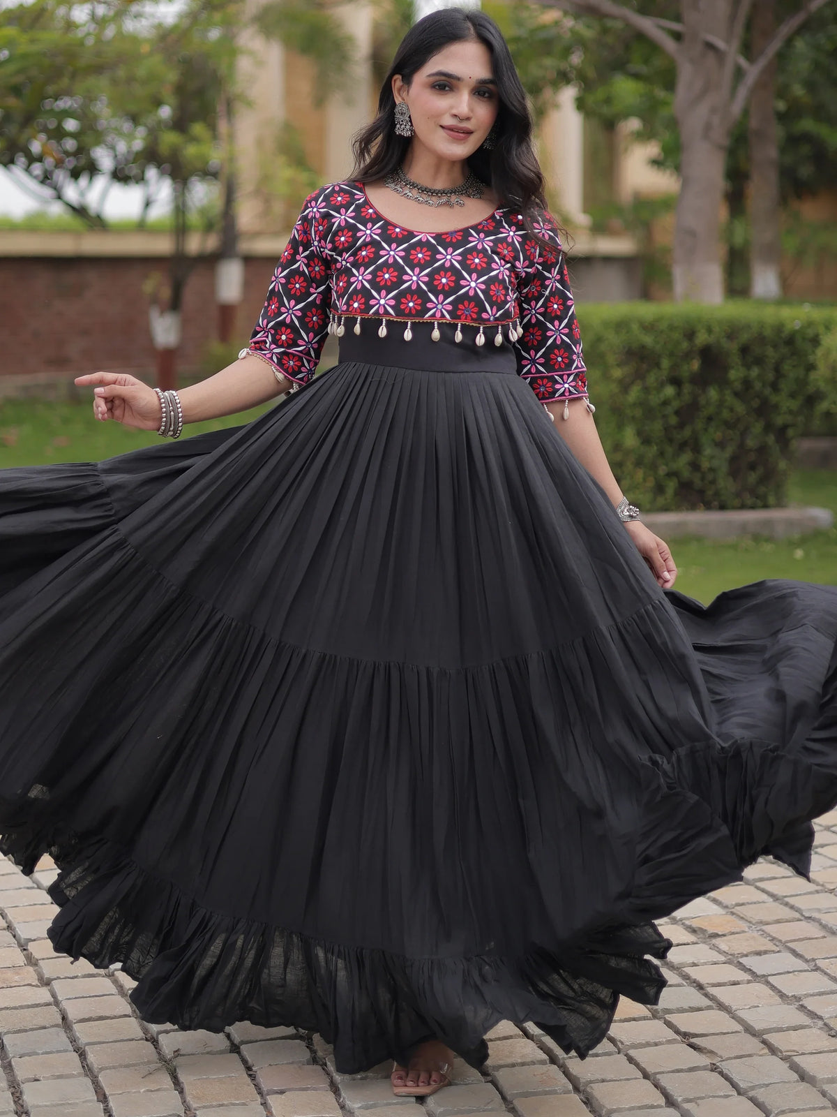 Enchanting Black Mirror Work Cotton Navratri Special Gown