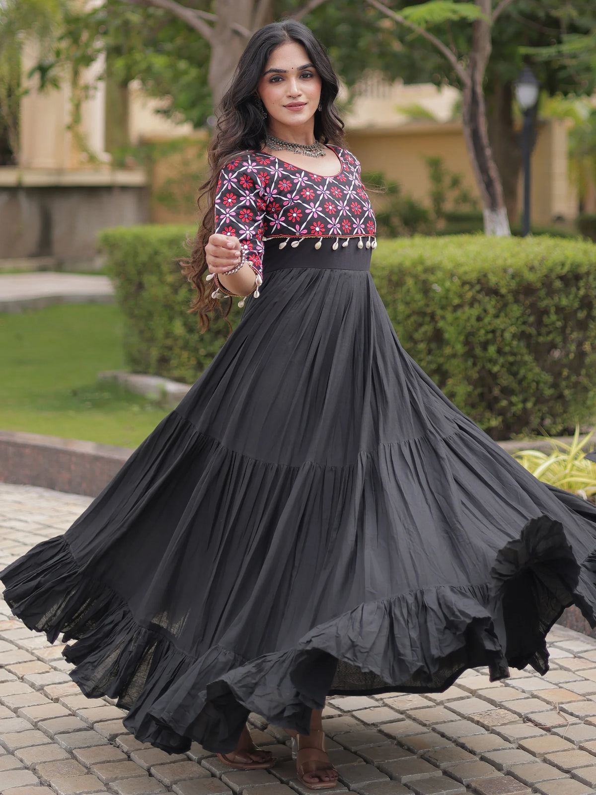 Enchanting Black Mirror Work Cotton Navratri Special Gown
