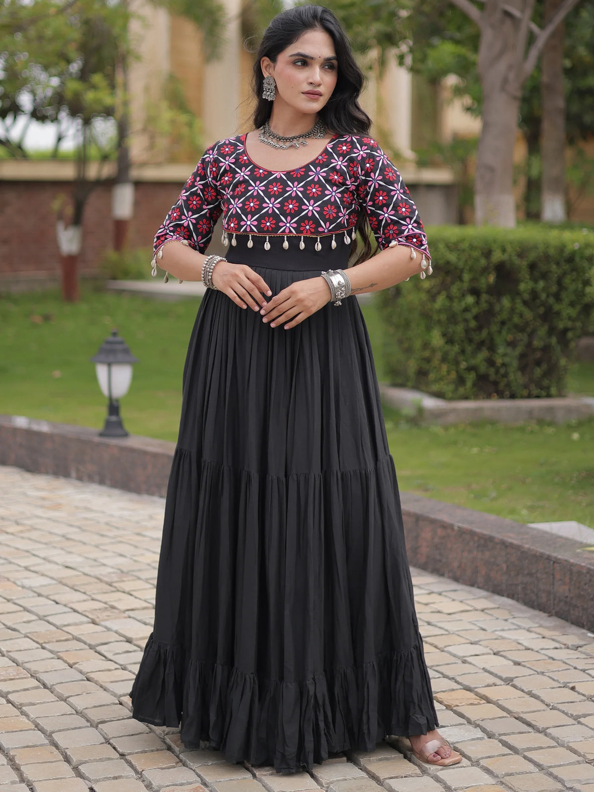 Enchanting Black Mirror Work Cotton Navratri Special Gown