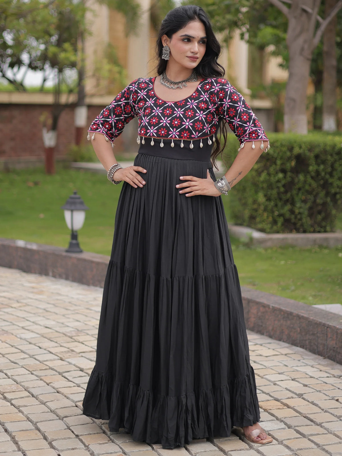 Enchanting Black Mirror Work Cotton Navratri Special Gown