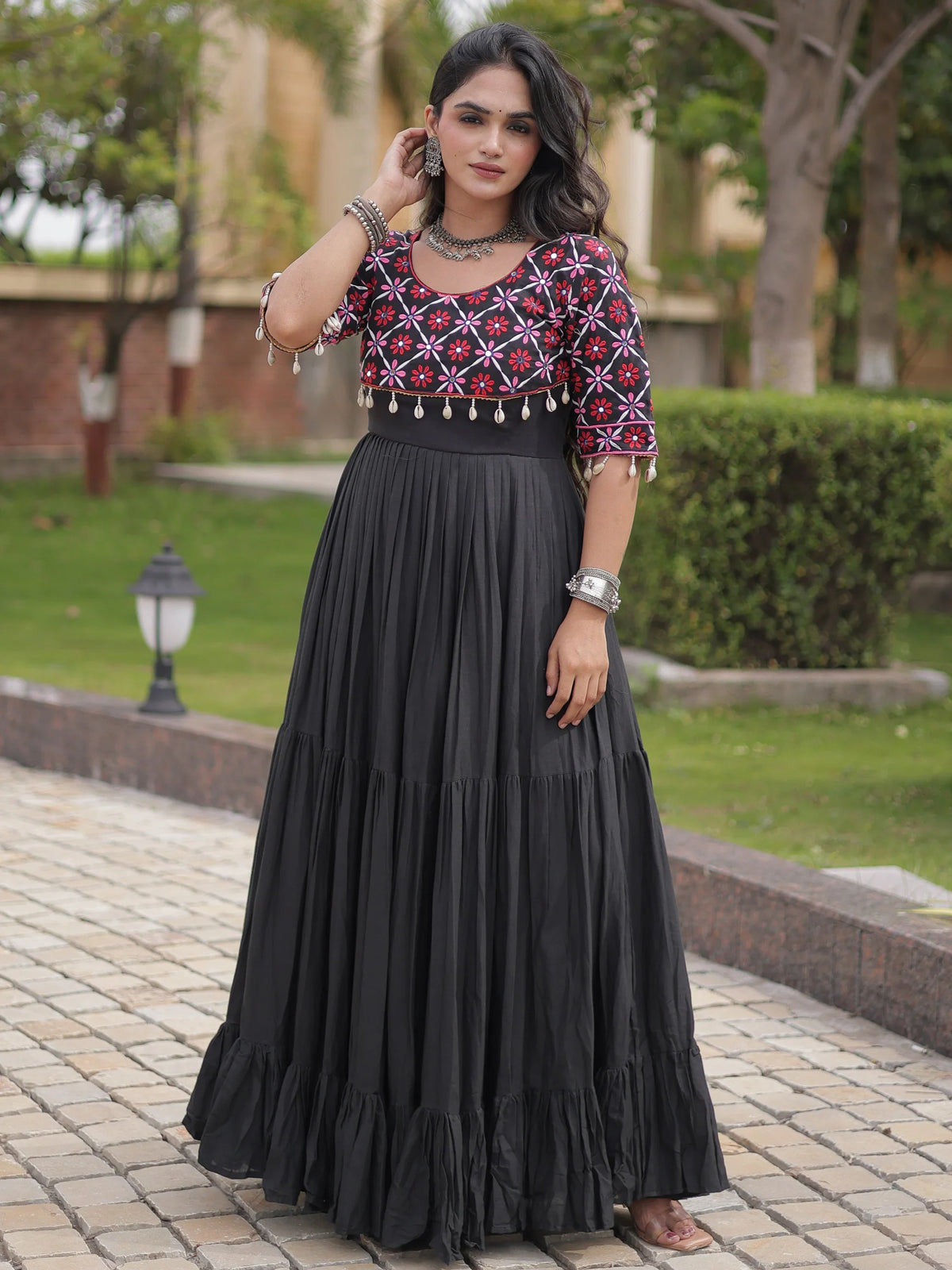 Enchanting Black Mirror Work Cotton Navratri Special Gown