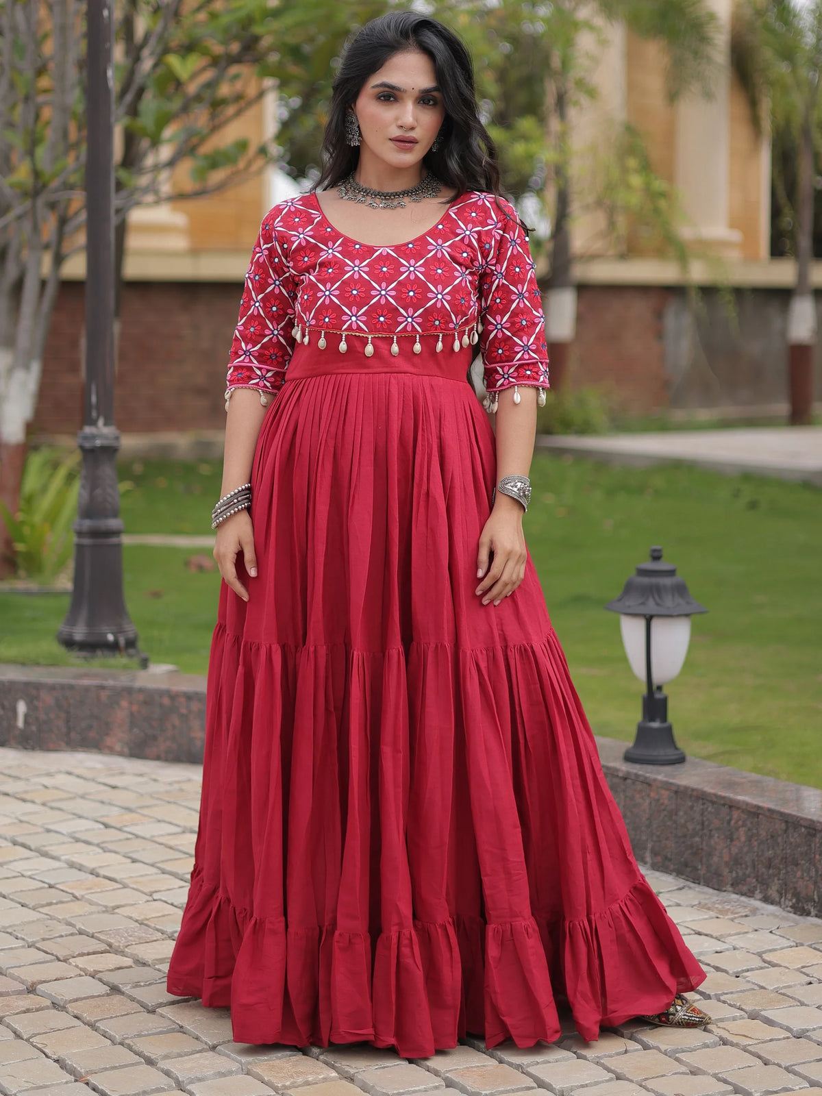 Exquisite Maroon Multi Thread Work Cotton Navratri Wear Gown