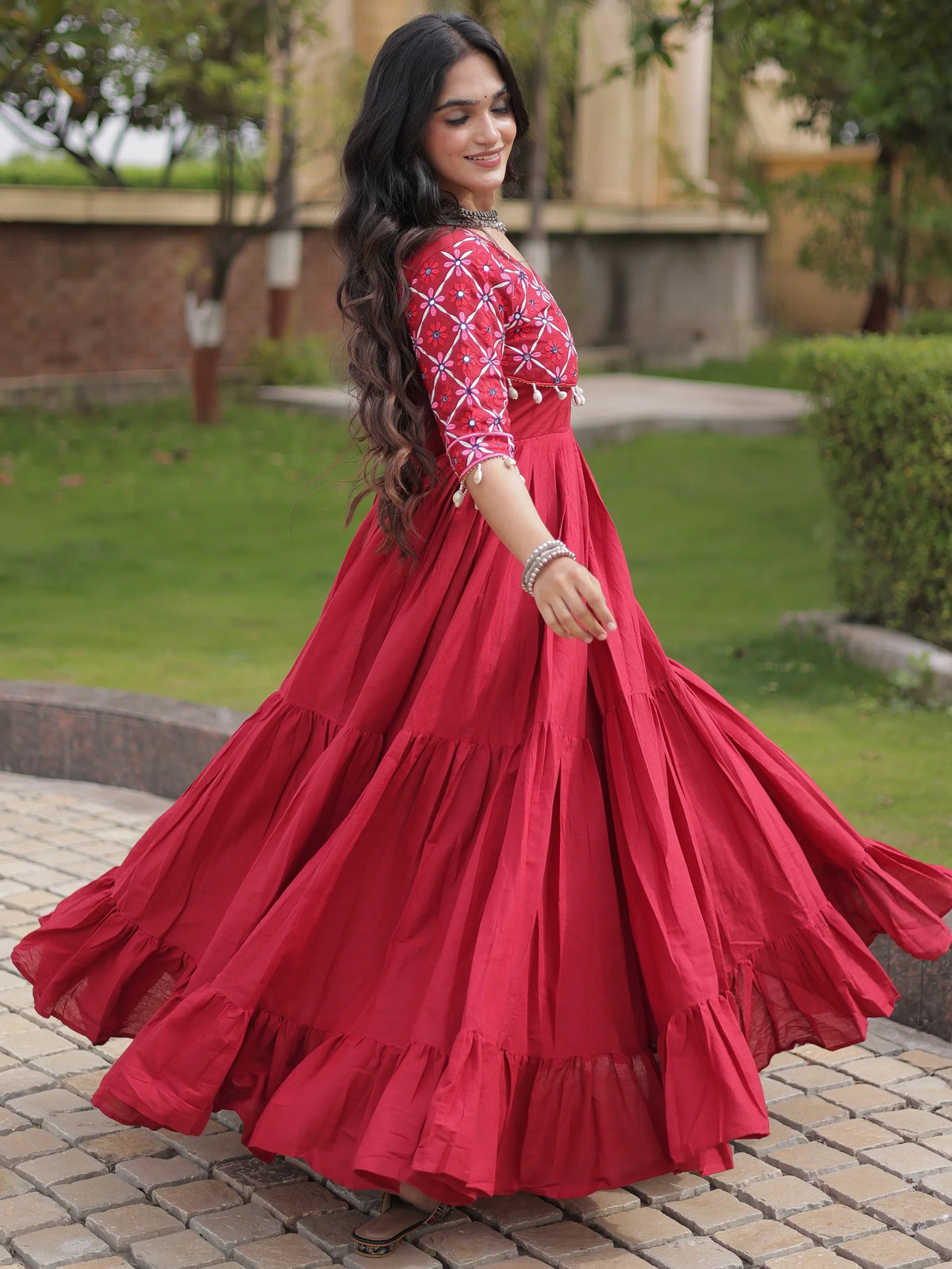 Exquisite Maroon Multi Thread Work Cotton Navratri Wear Gown