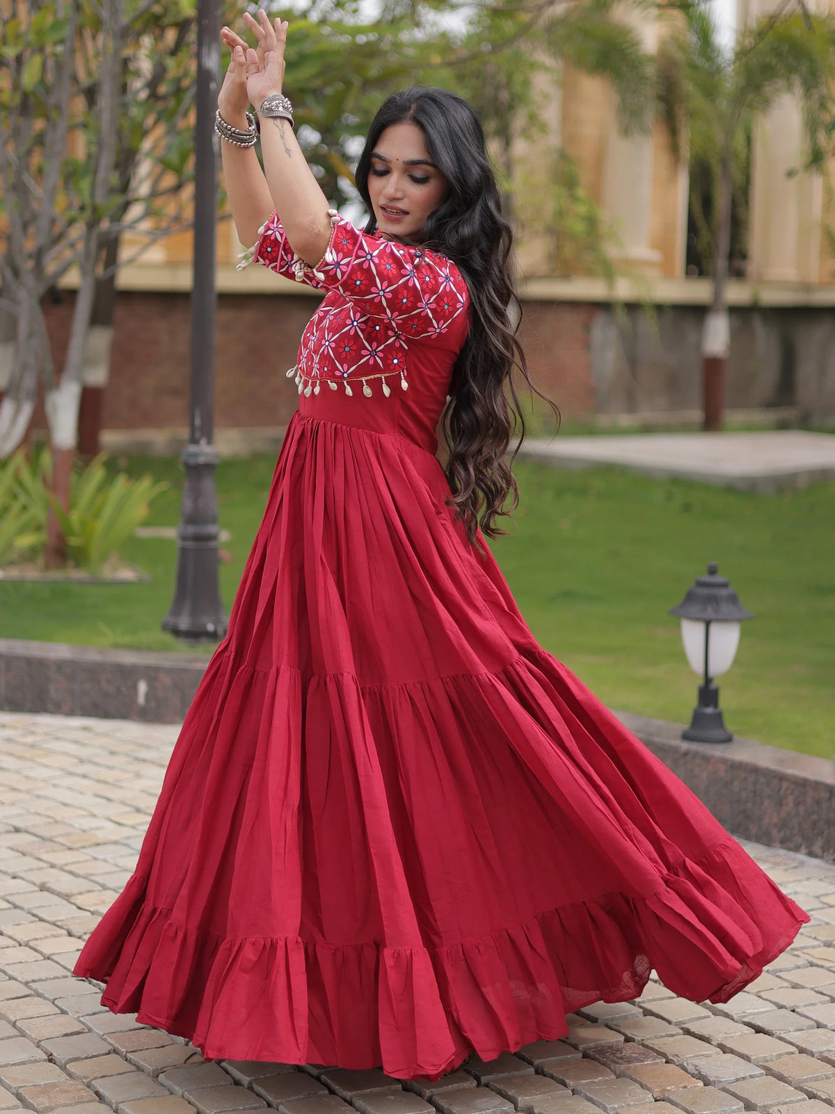 Exquisite Maroon Multi Thread Work Cotton Navratri Wear Gown