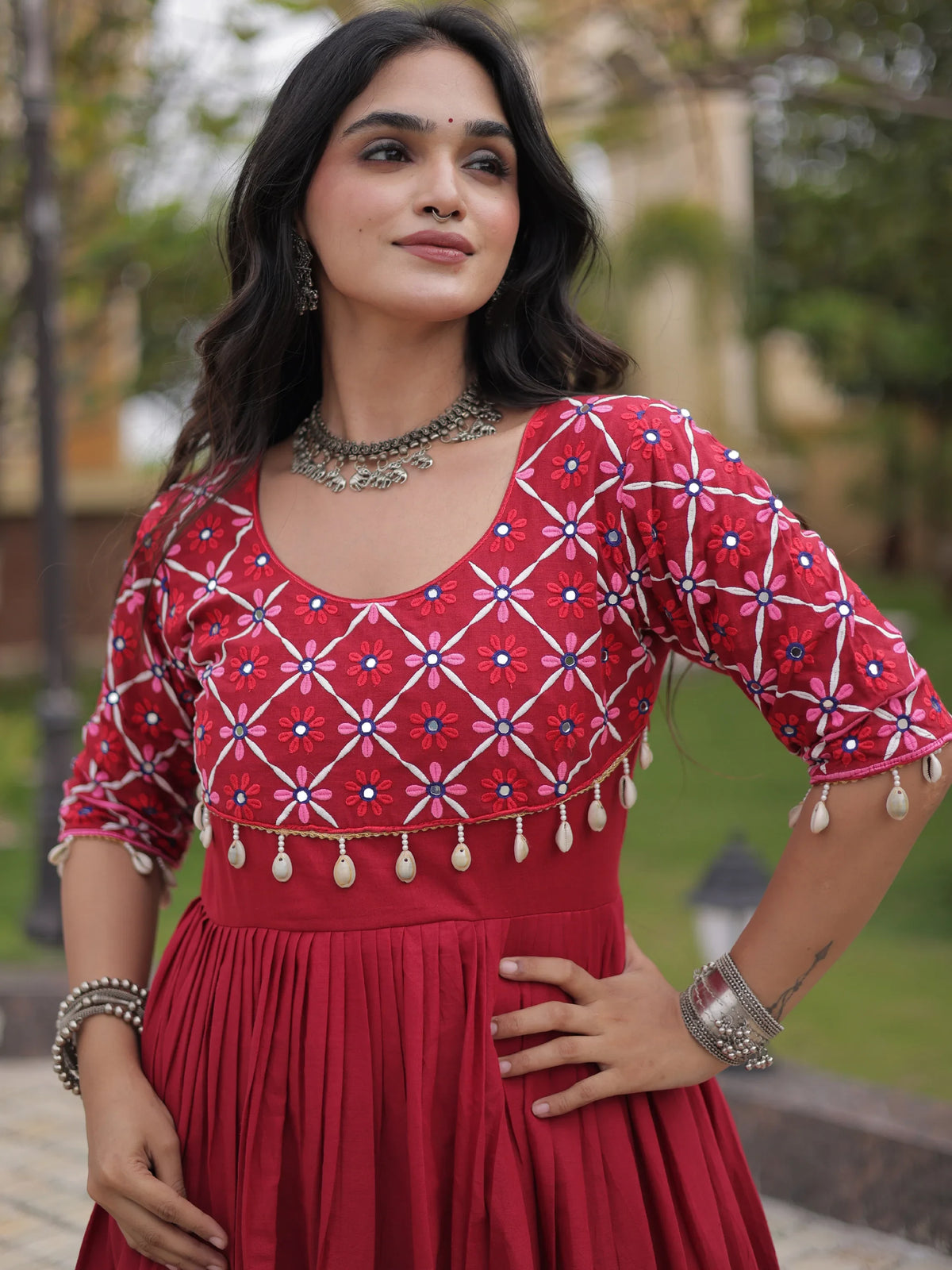 Exquisite Maroon Multi Thread Work Cotton Navratri Wear Gown