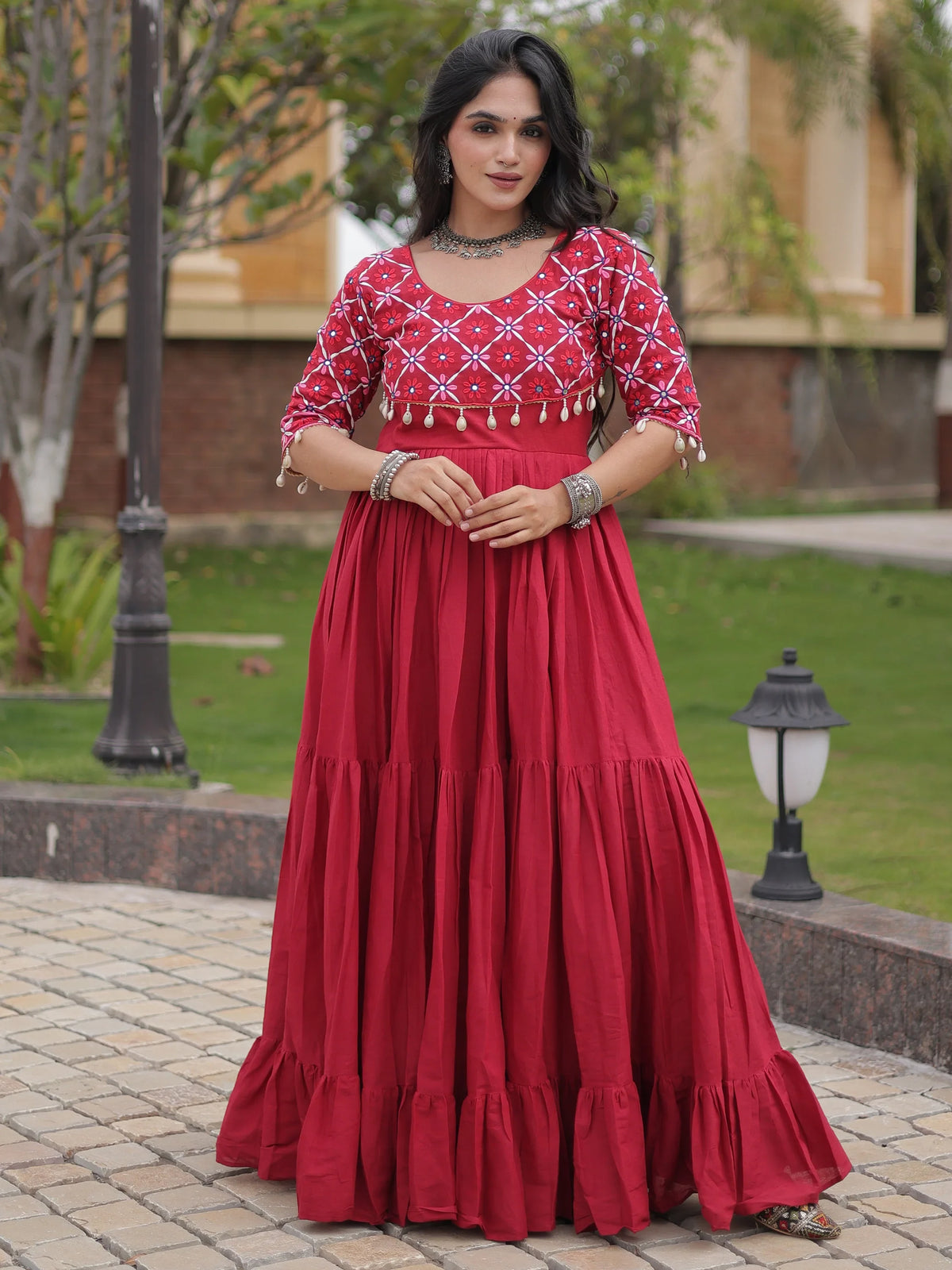 Exquisite Maroon Multi Thread Work Cotton Navratri Wear Gown