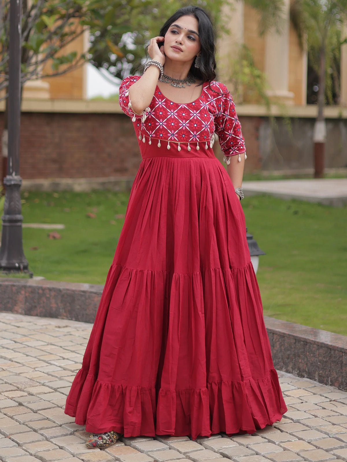 Exquisite Maroon Multi Thread Work Cotton Navratri Wear Gown