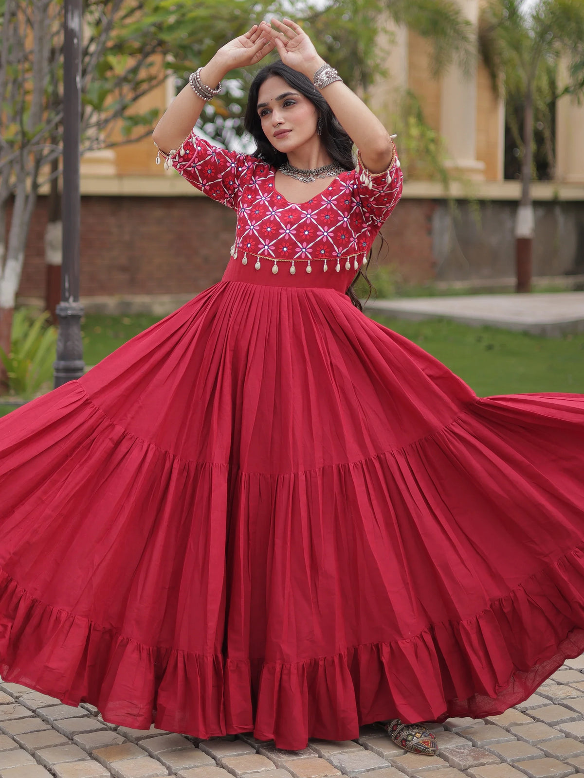 Exquisite Maroon Multi Thread Work Cotton Navratri Wear Gown