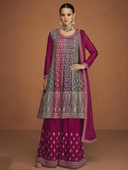 Engrossing Pink Embroidered Chinon Silk Festive Wear Sharara Suit