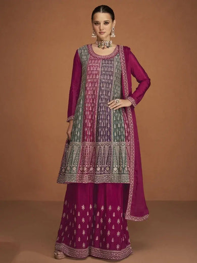 Engrossing Pink Embroidered Chinon Silk Festive Wear Sharara Suit