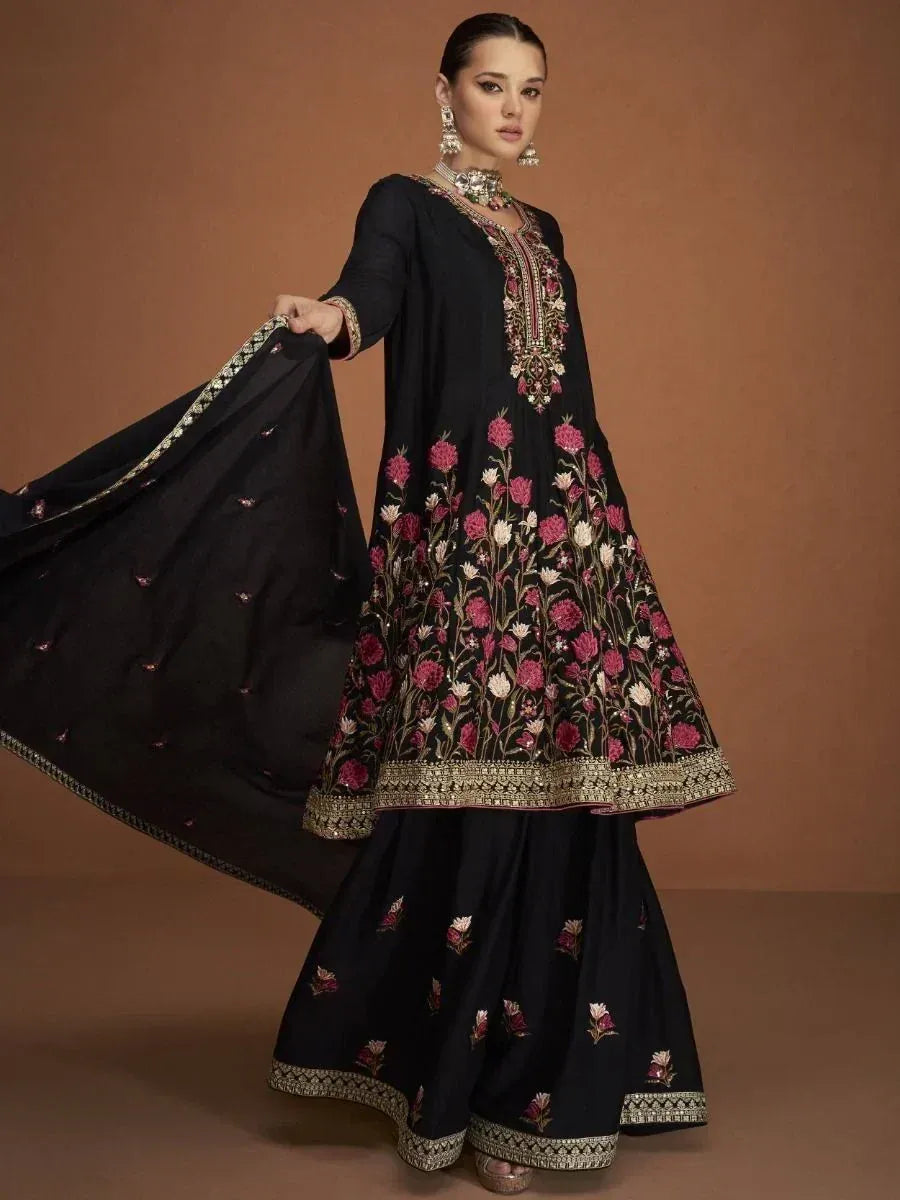 Black floral embroidered salwar kameez with dupatta, ethnic Indian wear for women
