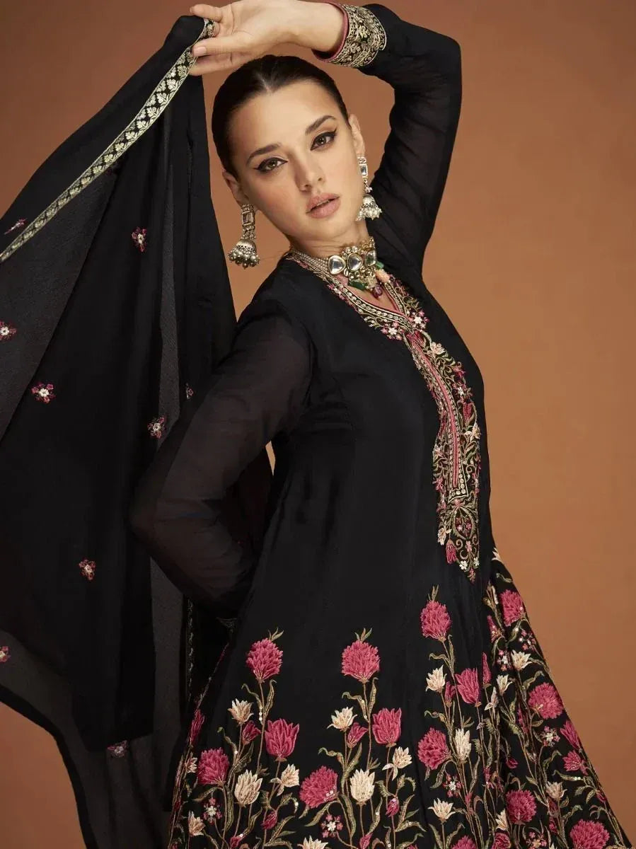 Black floral embroidered anarkali suit with matching dupatta, ethnic Indian wear