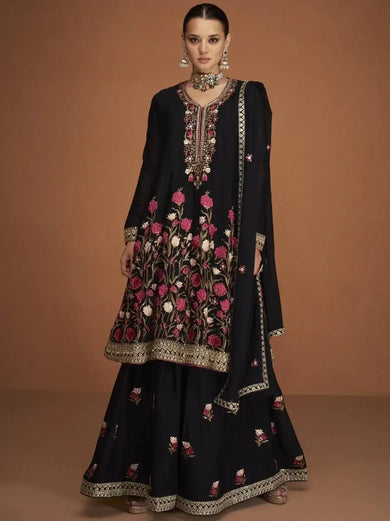 Breathtaking Black Floral Embroidered Chinon Party Wear Sharara Suit