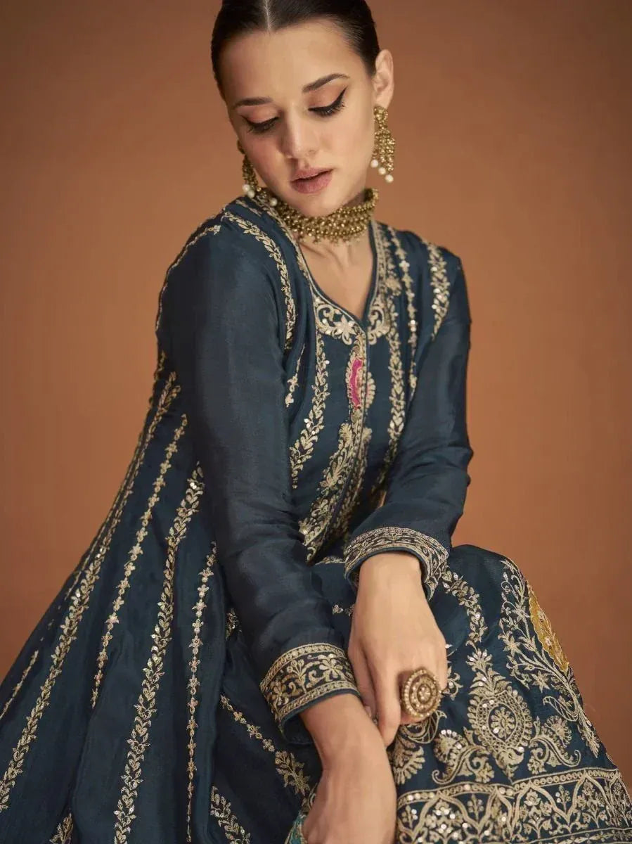 Elegant navy blue embroidered anarkali suit with gold detailing, perfect for Indian ethnic wear occasions