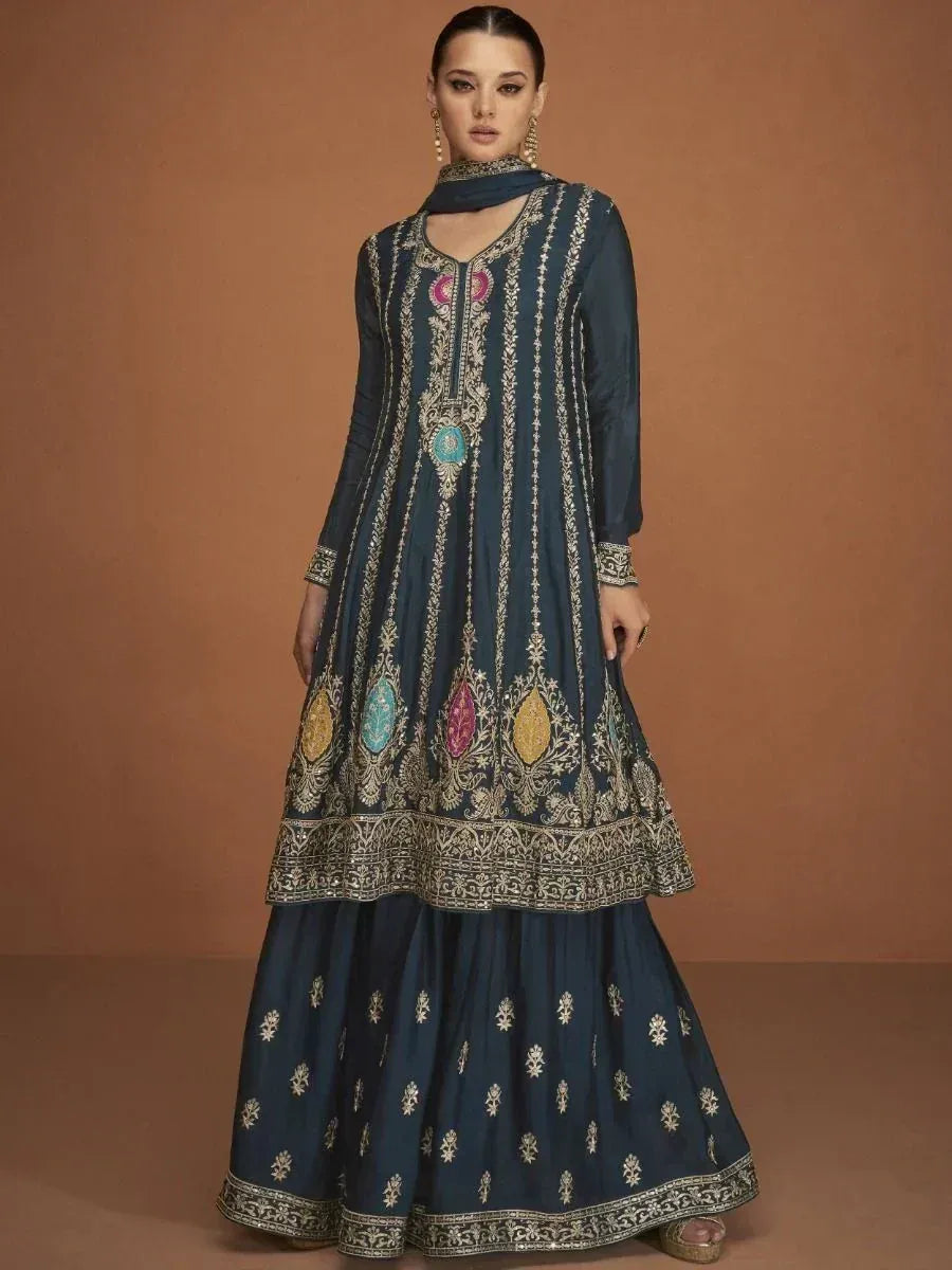 Dark blue embroidered anarkali suit with gold detailing, perfect for Indian ethnic wear occasions