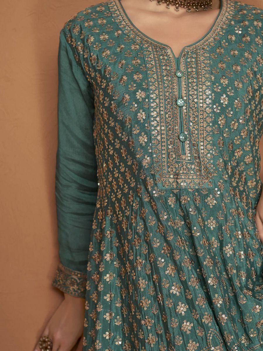 Teal ethnic kurta with gold floral embroidery and sequins, perfect for Indian festive wear