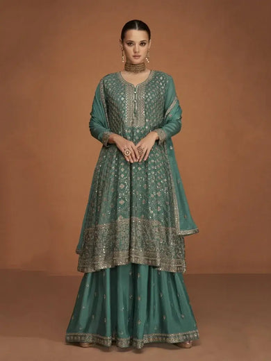 Emphatic Sage Green Zari Embroidery Chinon Party Wear Sharara Suit