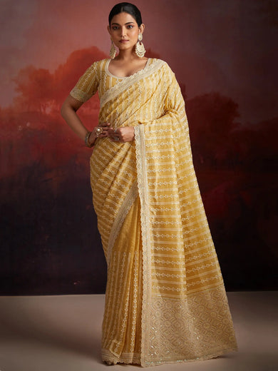 Attractive Mustard Yellow Thread Embroidery Organza Haldi Wear Saree