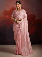 Adorable Peach Thread Embroidery Organza Wedding Wear Saree