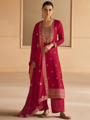 Fascinating Red Embroidered Silk Festival Wear Salwar Suit With Dupatta