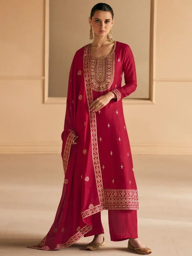 Fascinating Red Embroidered Silk Festival Wear Salwar Suit With Dupatta