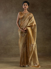 Charming Brown Zircon Work Organza Party Wear Saree With Blouse