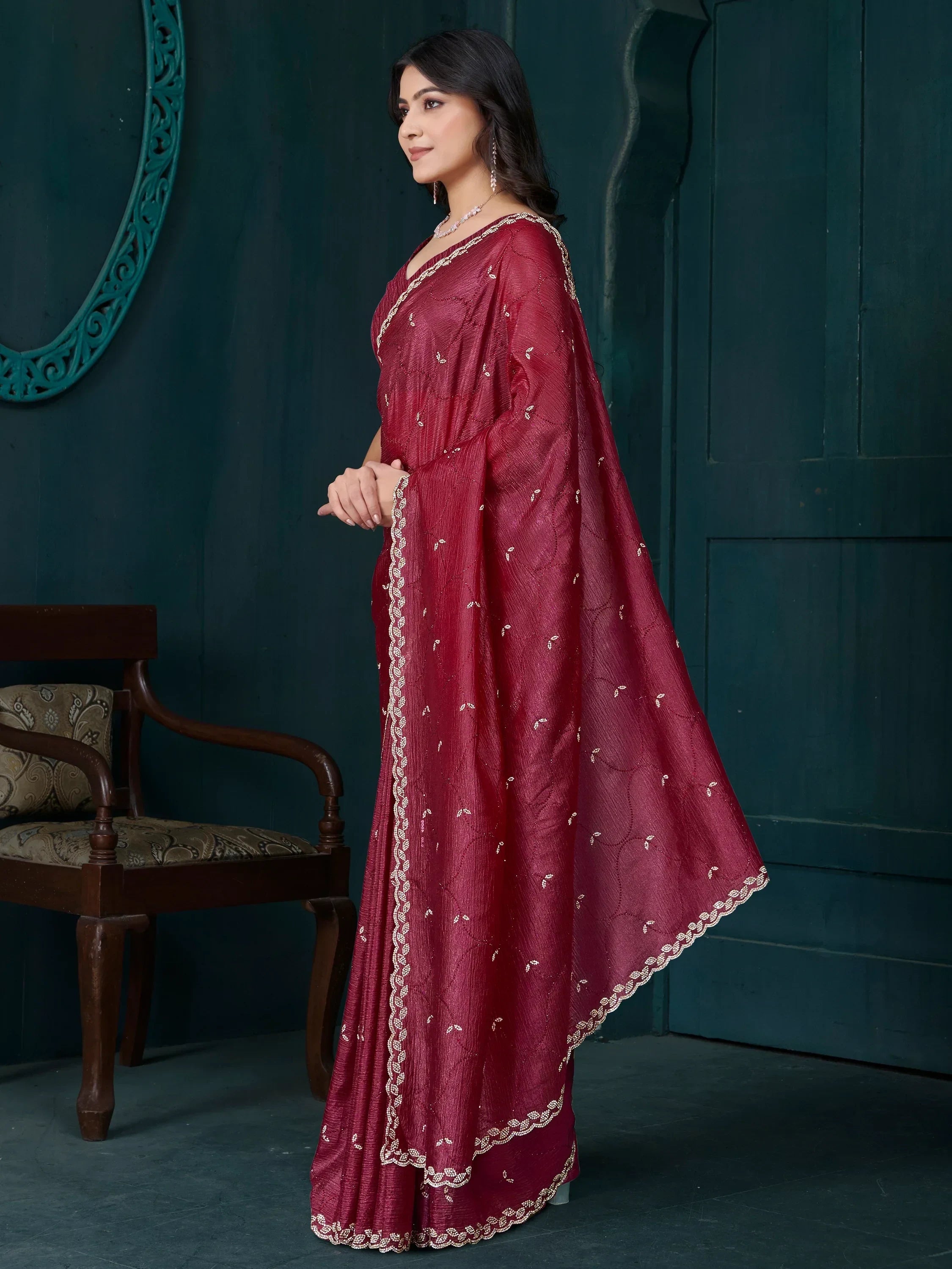 Fascinating Maroon Jarkan Work Crepe Party Wear Saree With Blouse