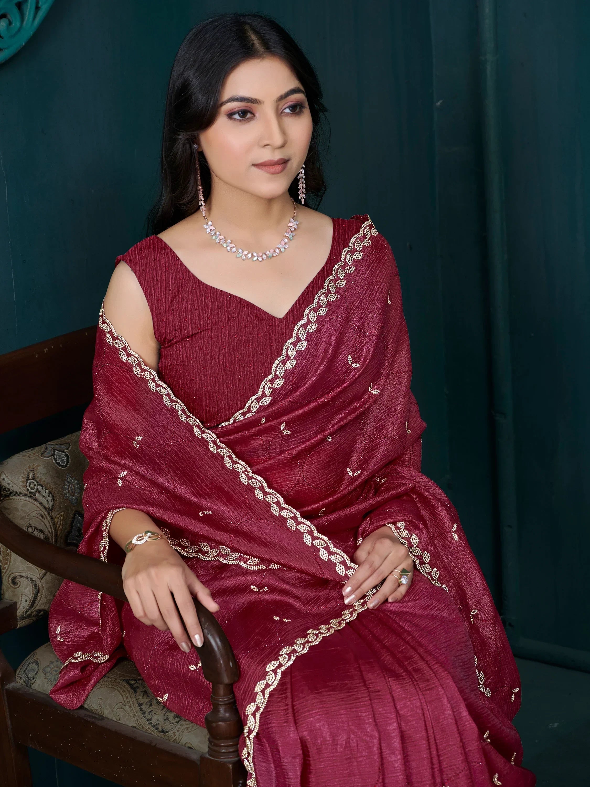 Fascinating Maroon Jarkan Work Crepe Party Wear Saree With Blouse