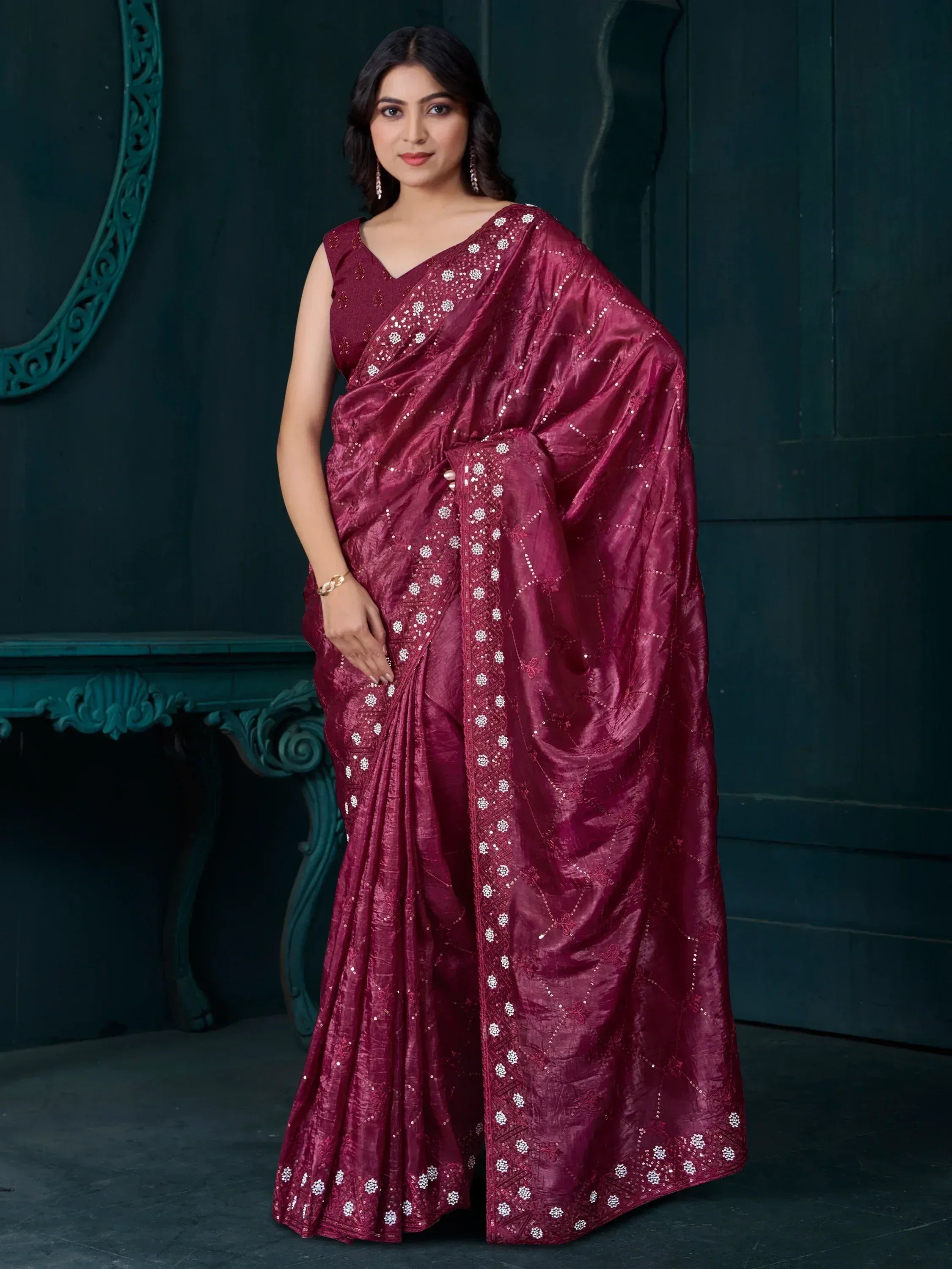 Elegant maroon saree with white floral embroidery and sequins, perfect for Indian ethnic wear