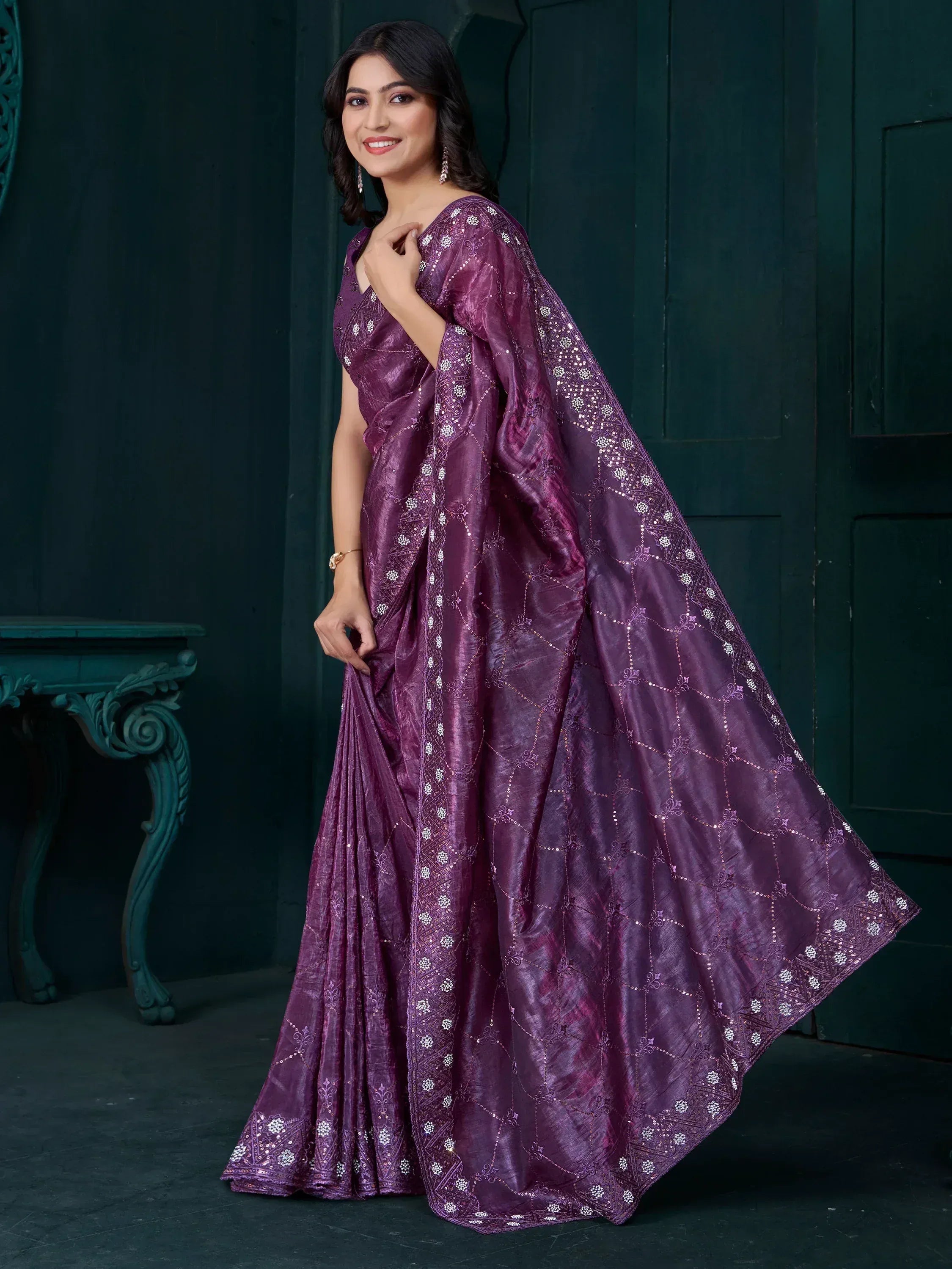 Purple embroidered saree with sequin work, elegant Indian ethnic wear for women