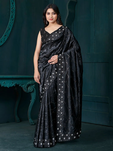 Fabulous Black Sequins Silk Reception Wear Saree With Blouse