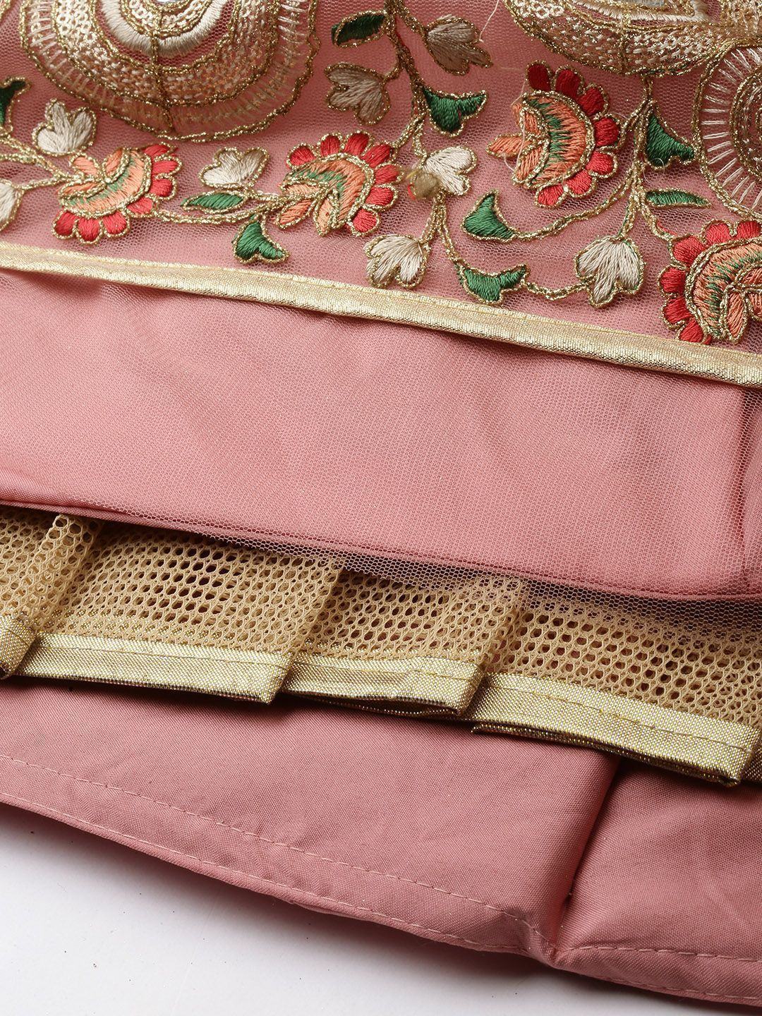 Peach & Green Embroidered Semi-Stitched Lehenga & Unstitched Blouse with Dupatta