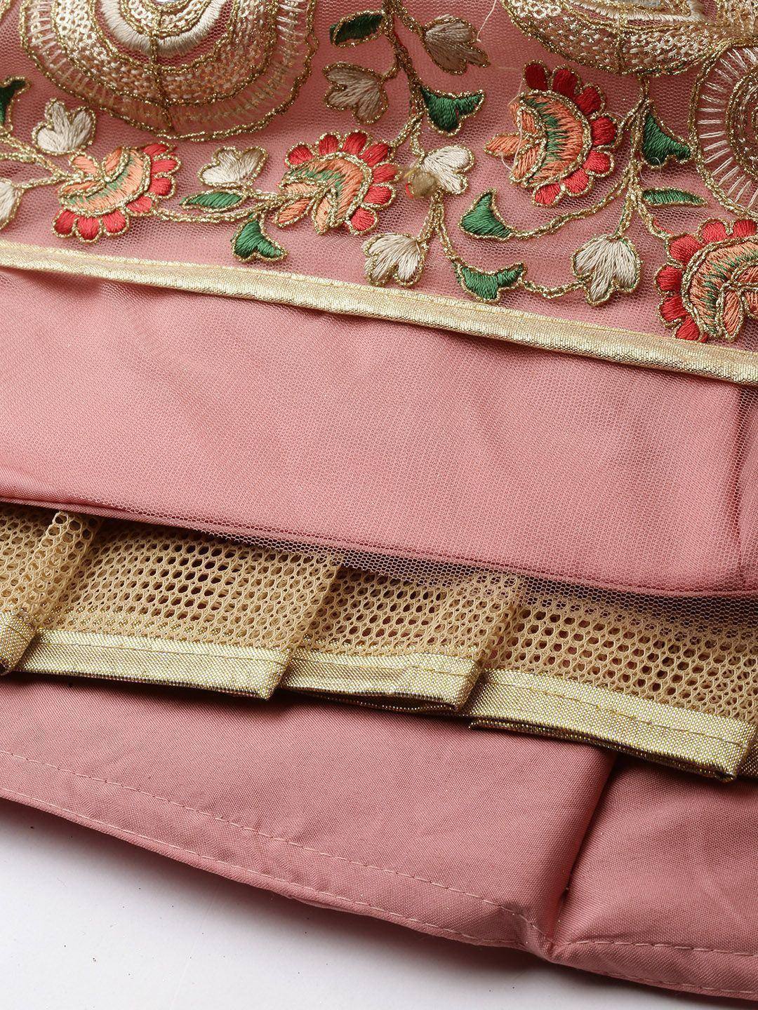 Pink lehenga with floral embroidery and gold net detailing, ethnic wear for women