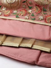 Peach & Green Embroidered Semi-Stitched Lehenga & Unstitched Blouse with Dupatta