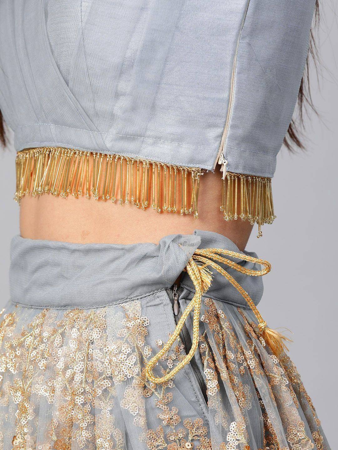 Grey lehenga choli with gold fringe and sequin embroidery, ethnic wear for women