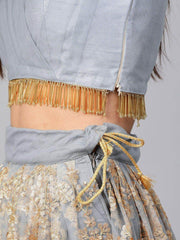 Grey & Golden Semi-Stitched Embellished Myntra Lehenga & Unstitched Blouse with Dupatta