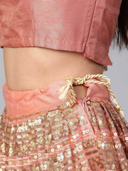 Peach-Coloured & Golden Semi-Stitched Myntra Lehenga & Unstitched Blouse with Dupatta