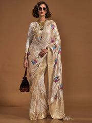 Gorgeous Cream Floral Weaving Satin Festival Wear Saree With Blouse