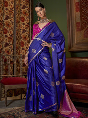 Beautifying Blue Zari Weaving Satin Wedding Wear Saree With Blouse