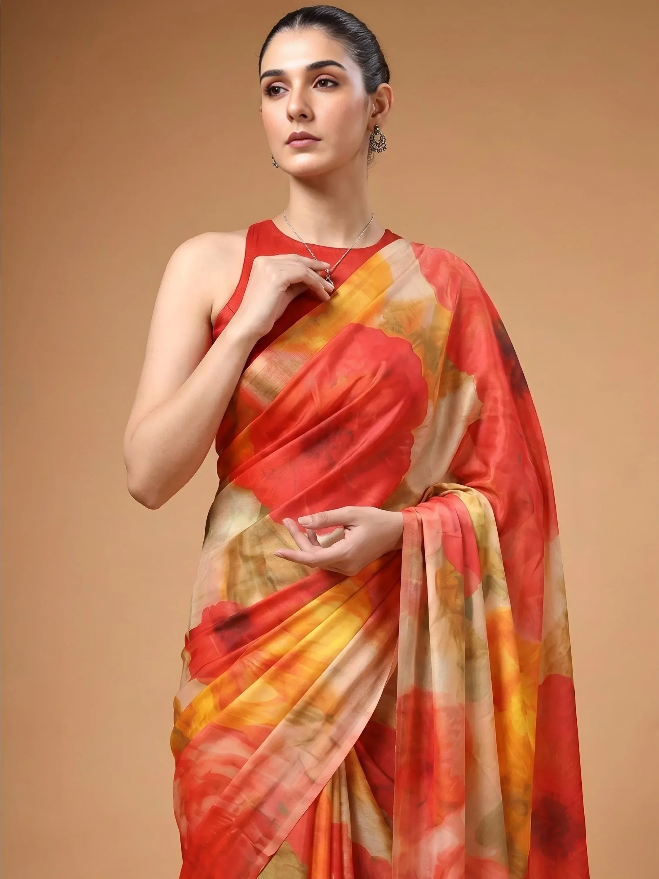 Captivating Multi Color Floral Printed Satin Event Wear Saree With Blouse