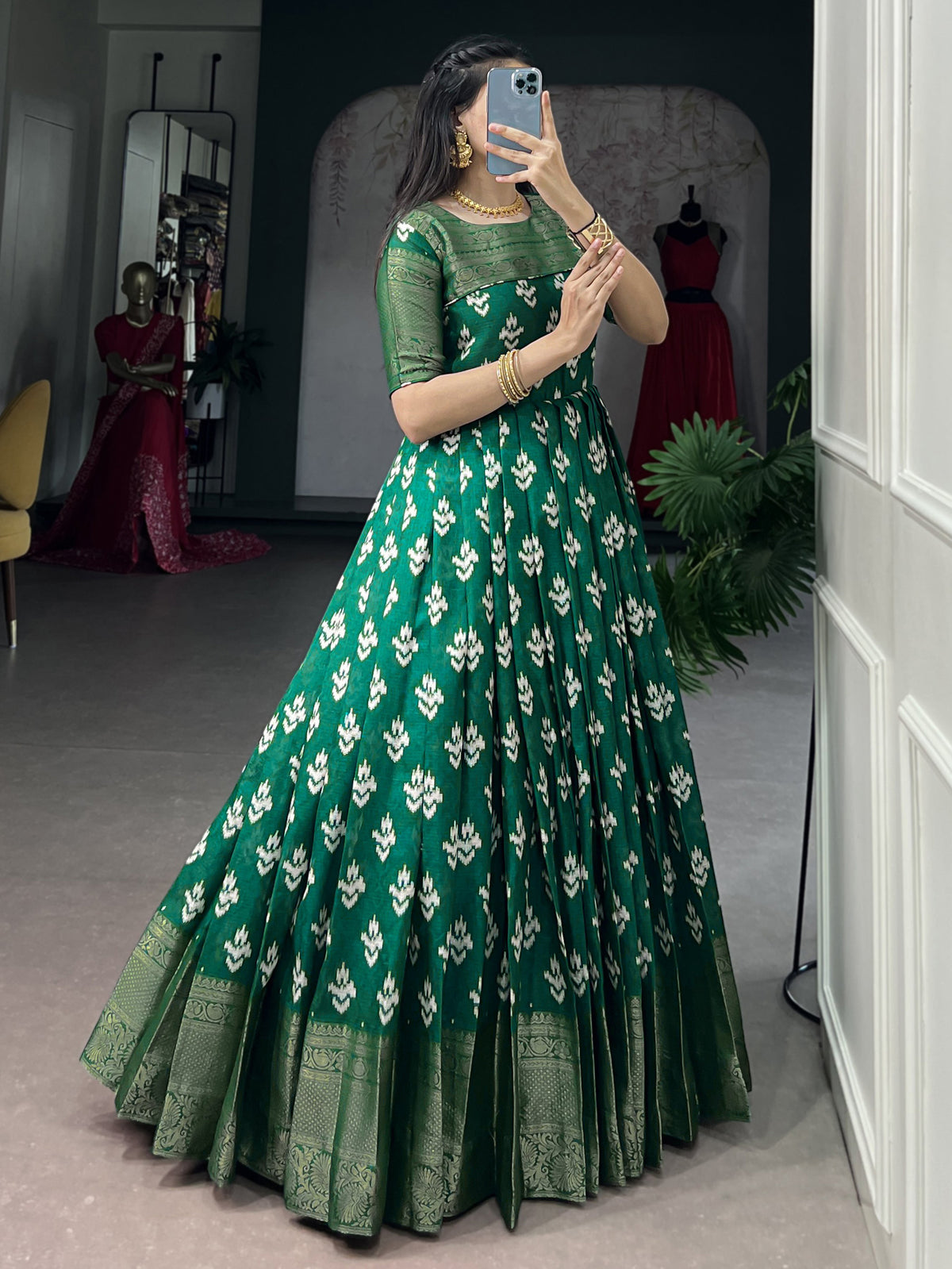 Marvelous Green Weaving Border Cotton Mehendi Wear Gown