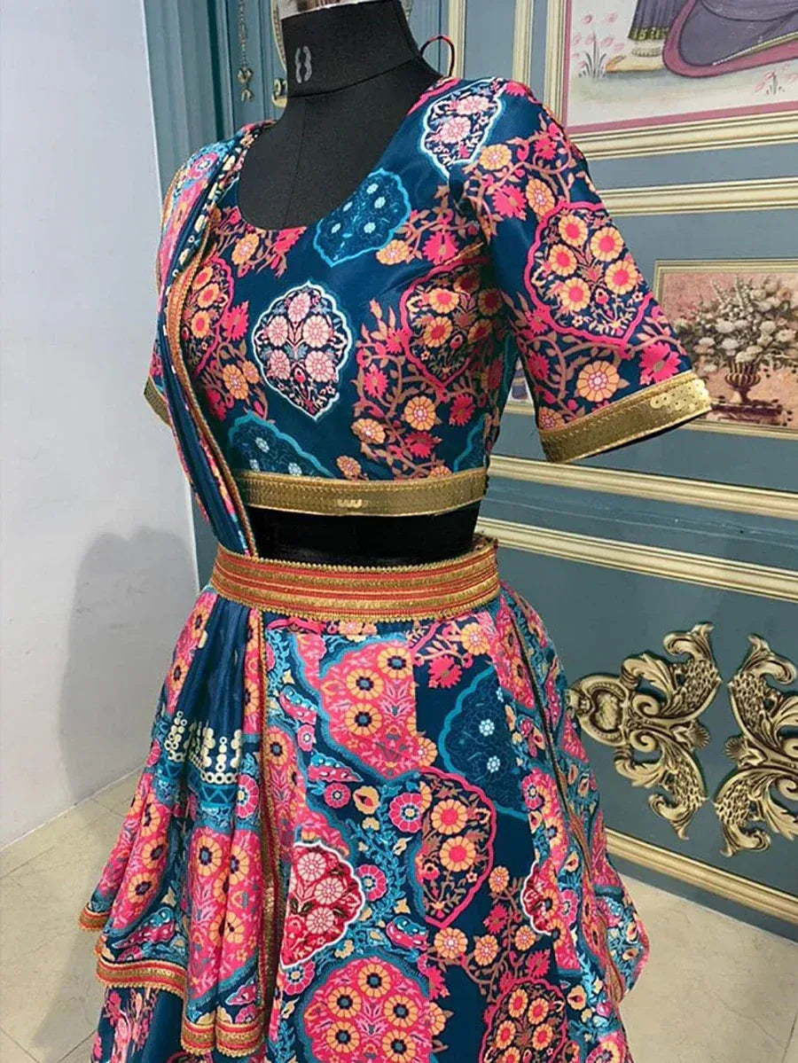 Vibrant floral print lehenga choli with gold trim, Indian ethnic wear for festive occasions