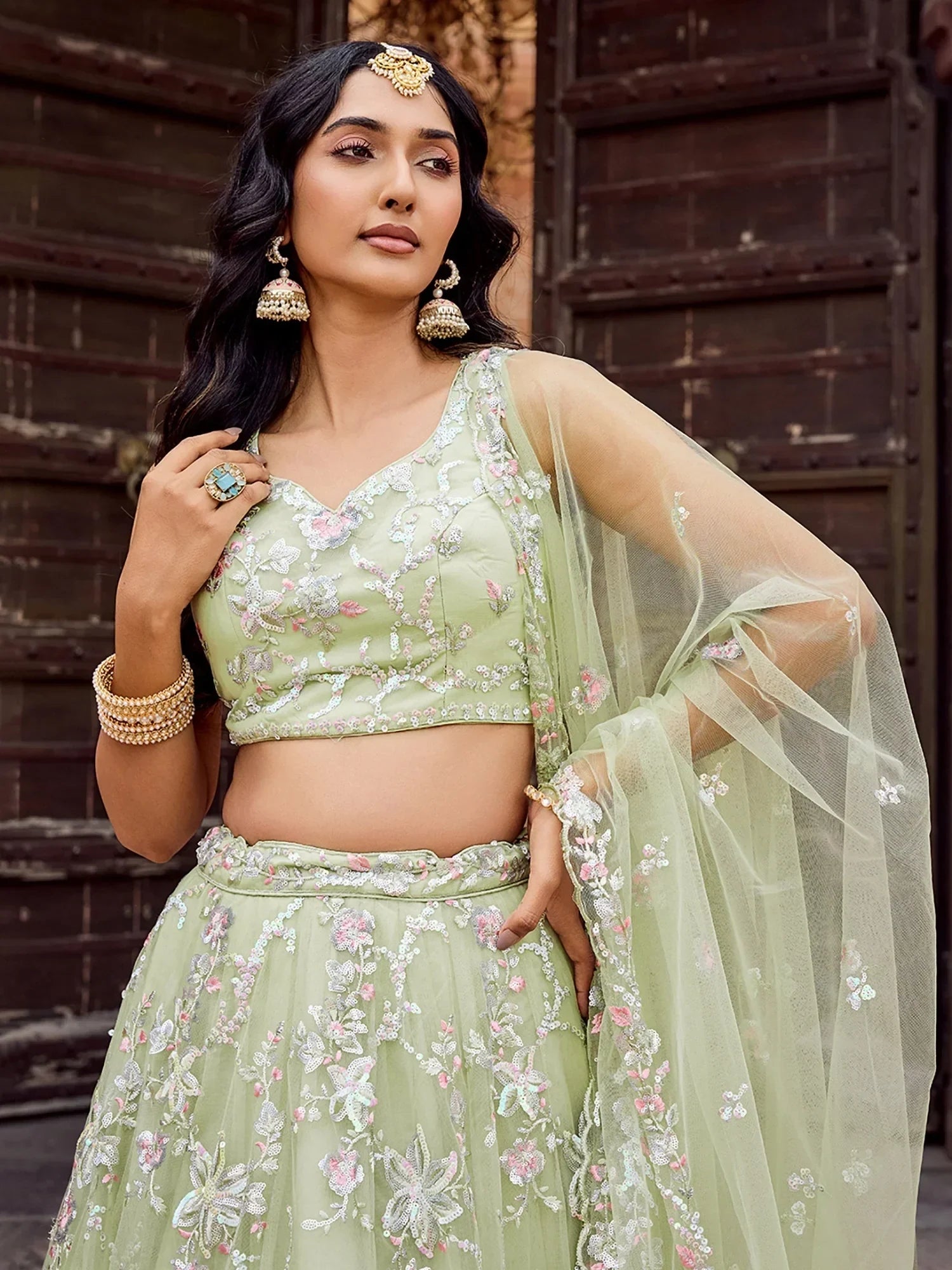 Gorgeous Pista Thread Embroidered Net Bridesmaid Lehenga Choli