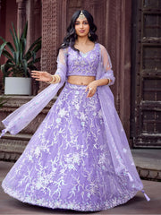 Glamorous Purple Thread Embroidered Net Reception Wear Lehenga Choli