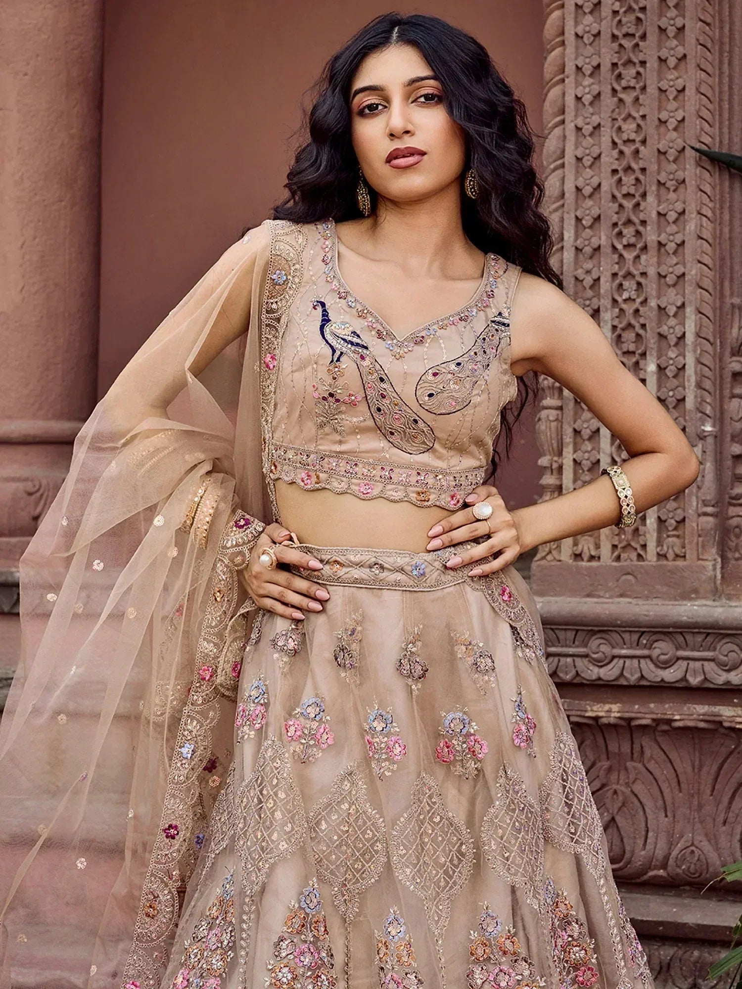 Elegant Beige Thread Embroidered Net Engagement Wear Lehenga Choli
