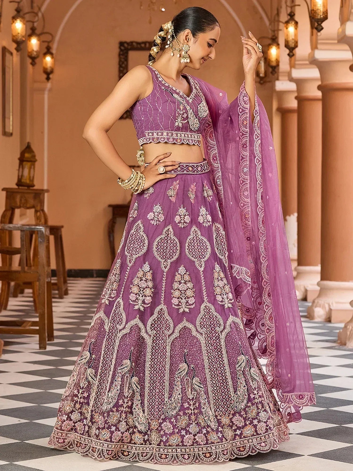 Awesome Lavender Sequins Embroidered Net Reception Wear Lehenga Choli