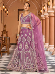 Awesome Lavender Sequins Embroidered Net Reception Wear Lehenga Choli